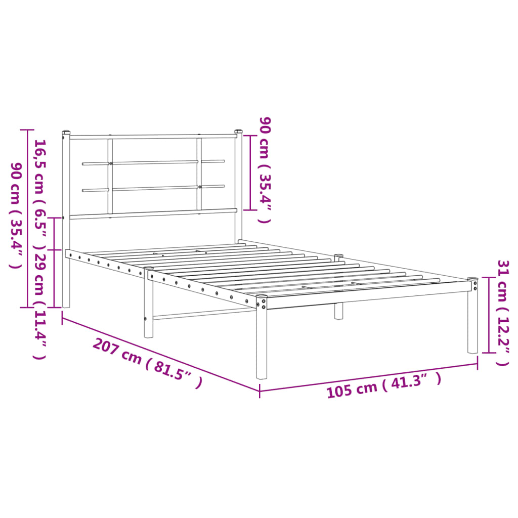 vidaXL Metal Bed Frame without Mattress with Headboard White 39.4"x78.7"