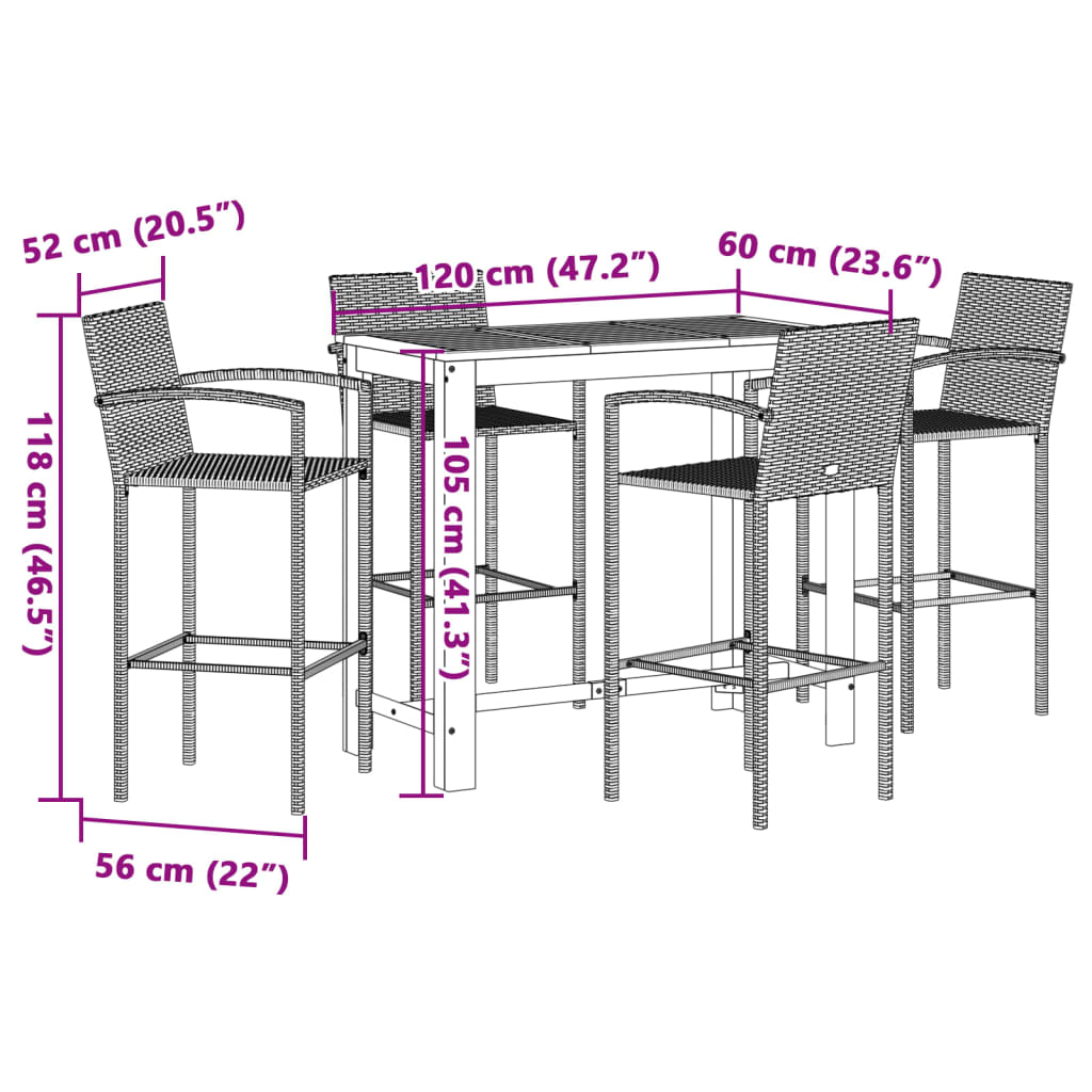 vidaXL 5 Piece Patio Bar Set Gray Solid Wood Acacia and Poly Rattan