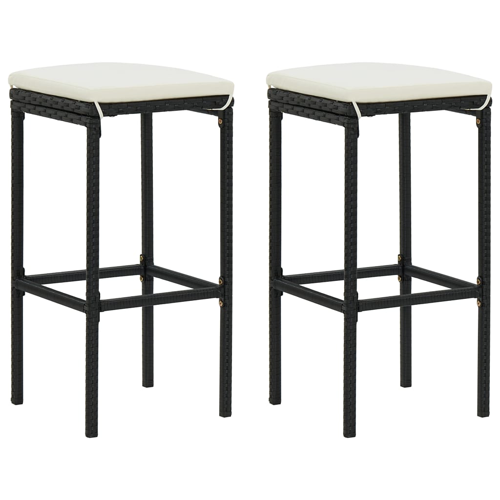 vidaXL Bar Stools with Cushions 2 pcs Black Poly Rattan