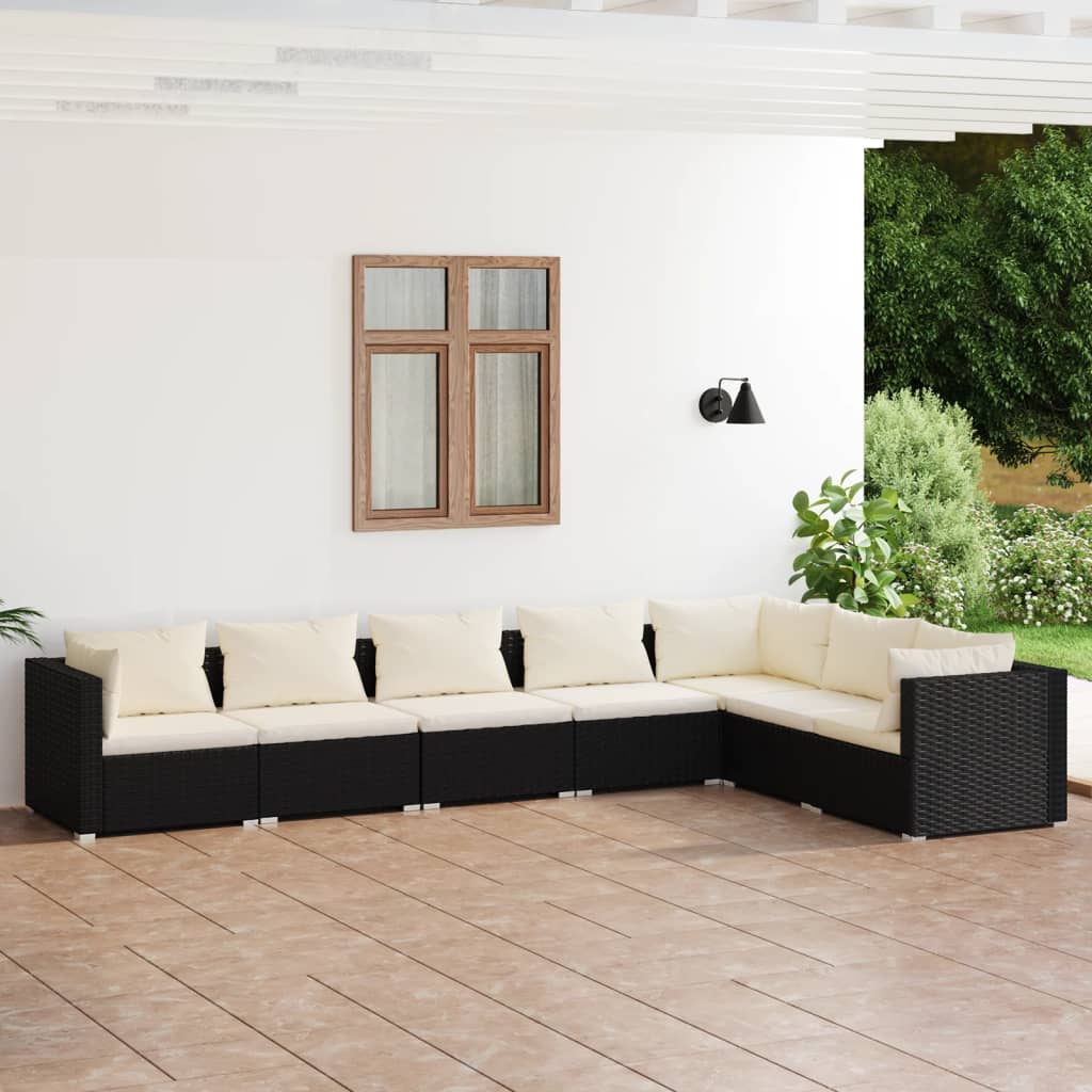 vidaXL 7 Piece Patio Lounge Set with Cushions Poly Rattan Black