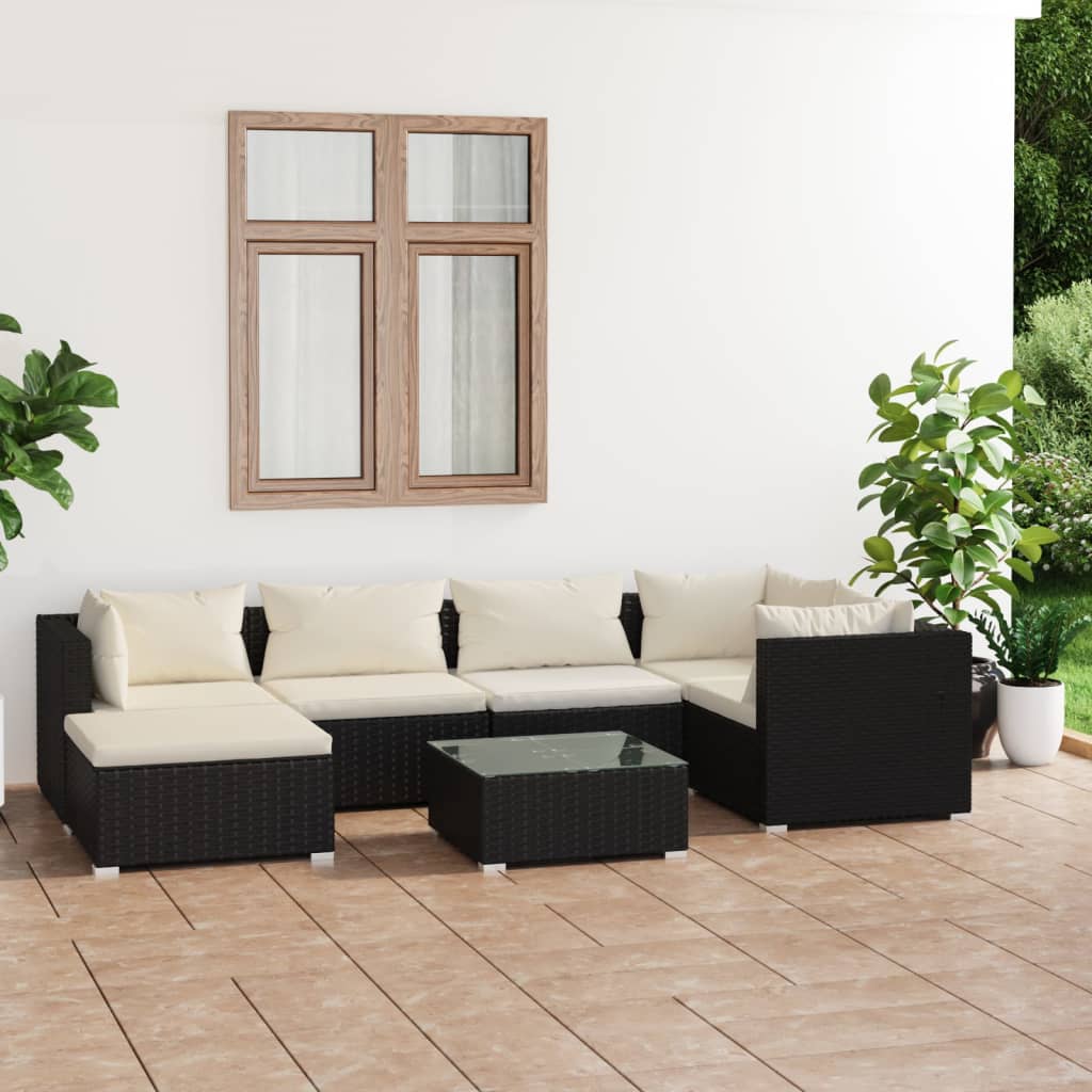 vidaXL 7 Piece Patio Lounge Set with Cushions Poly Rattan Black