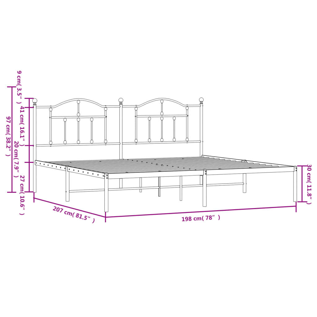 vidaXL Metal Bed Frame without Mattress with Headboard Black 76"x79.9"