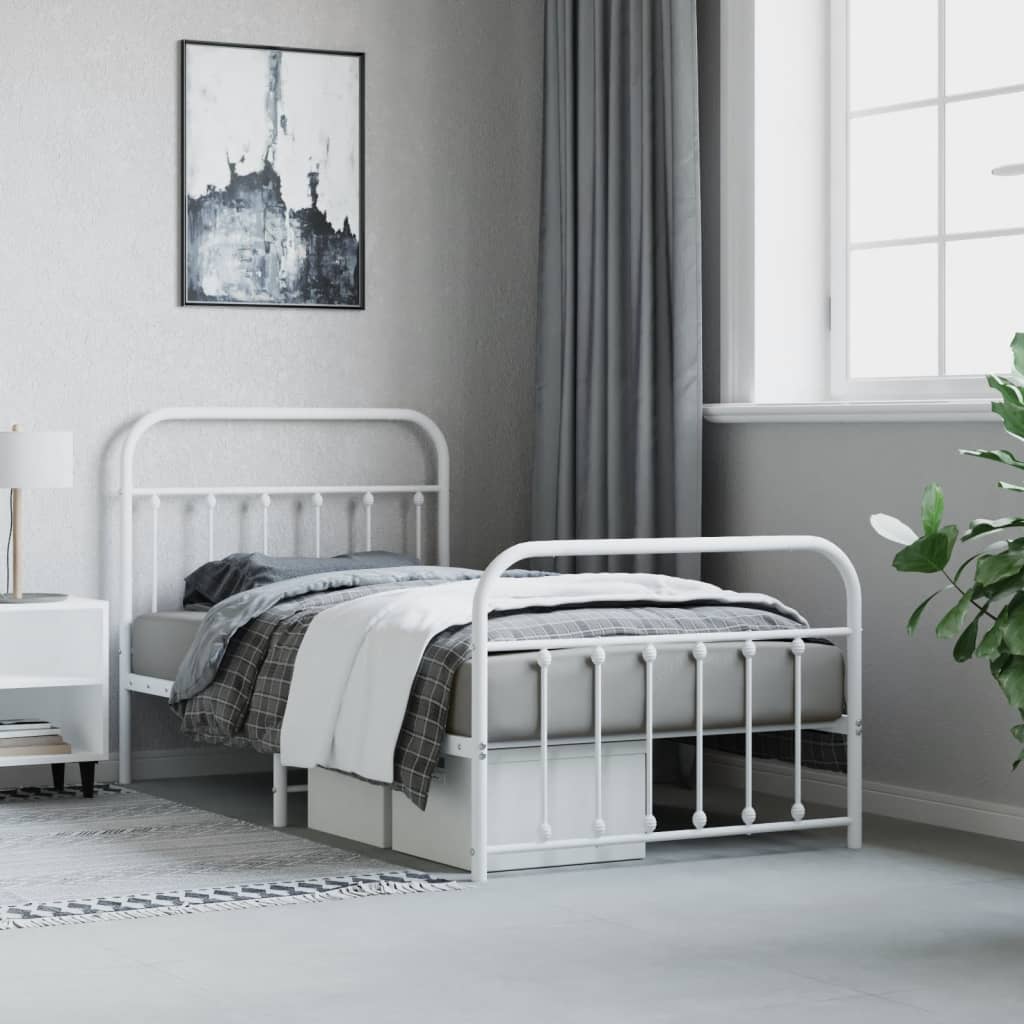 vidaXL Metal Bed Frame without Mattress with Footboard White 39.4"x74.8"