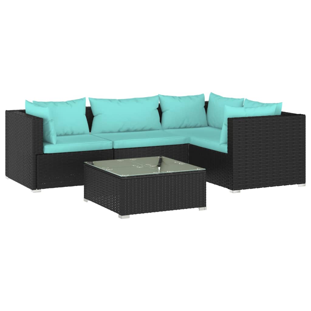 vidaXL 5 Piece Patio Lounge Set with Cushions Poly Rattan Black