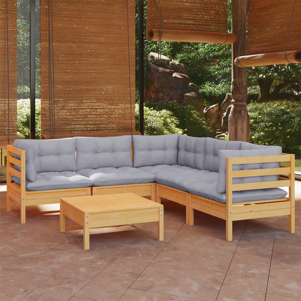 vidaXL 6 Piece Patio Lounge Set with Gray Cushions Solid Pinewood