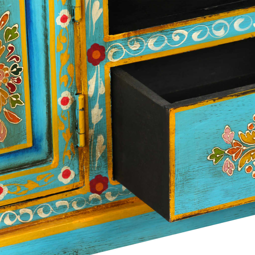 vidaXL TV Stand Solid Wood Mango Blue Hand Painted