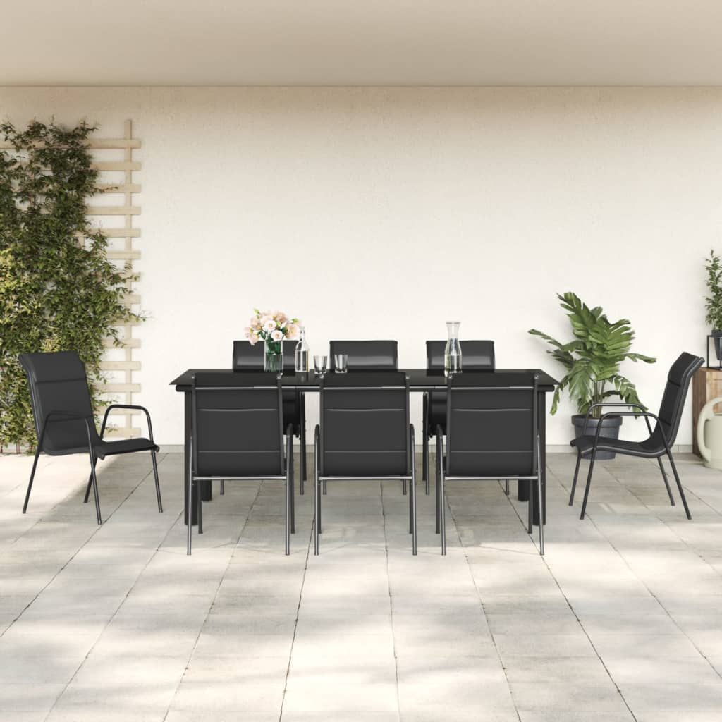 vidaXL 9 Piece Patio Dining Set Black Steel and Textilene