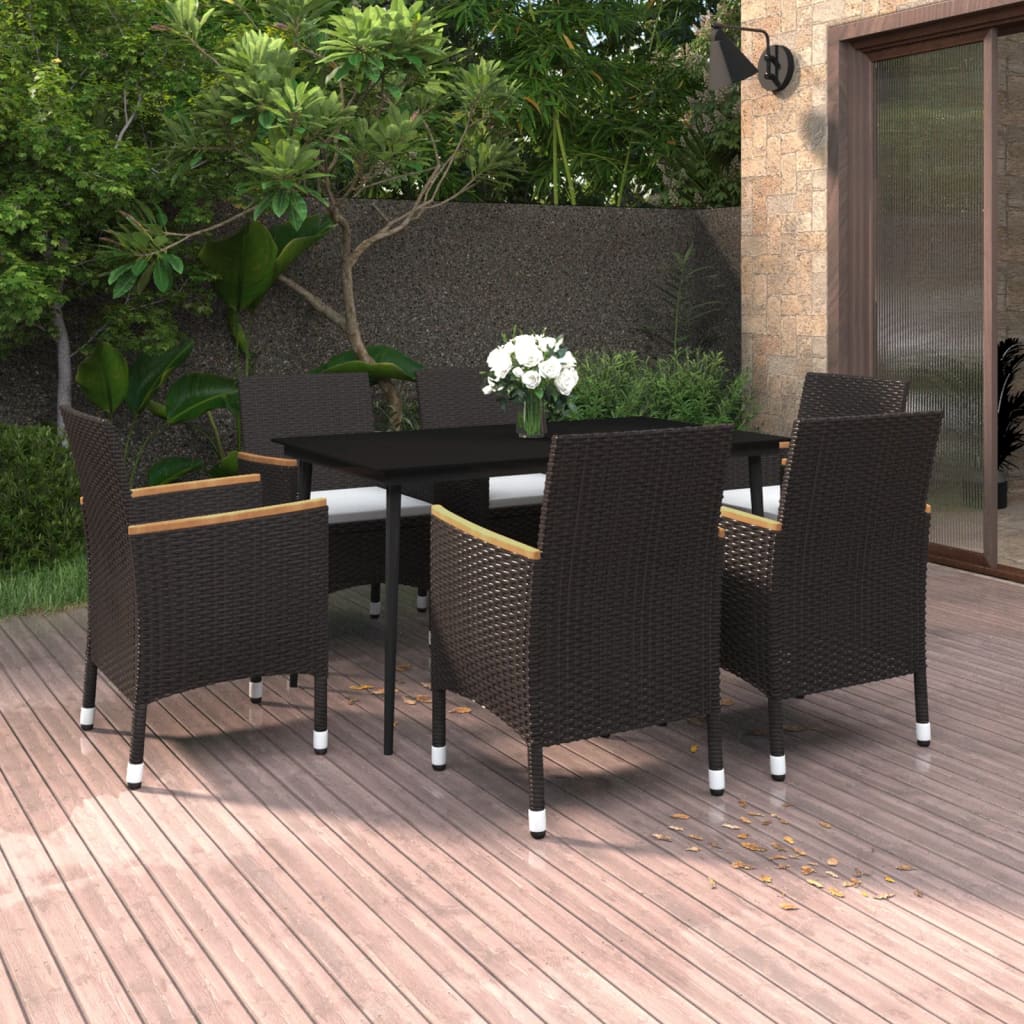 vidaXL 7 Piece Patio Dining Set with Cushions Poly Rattan and Glass