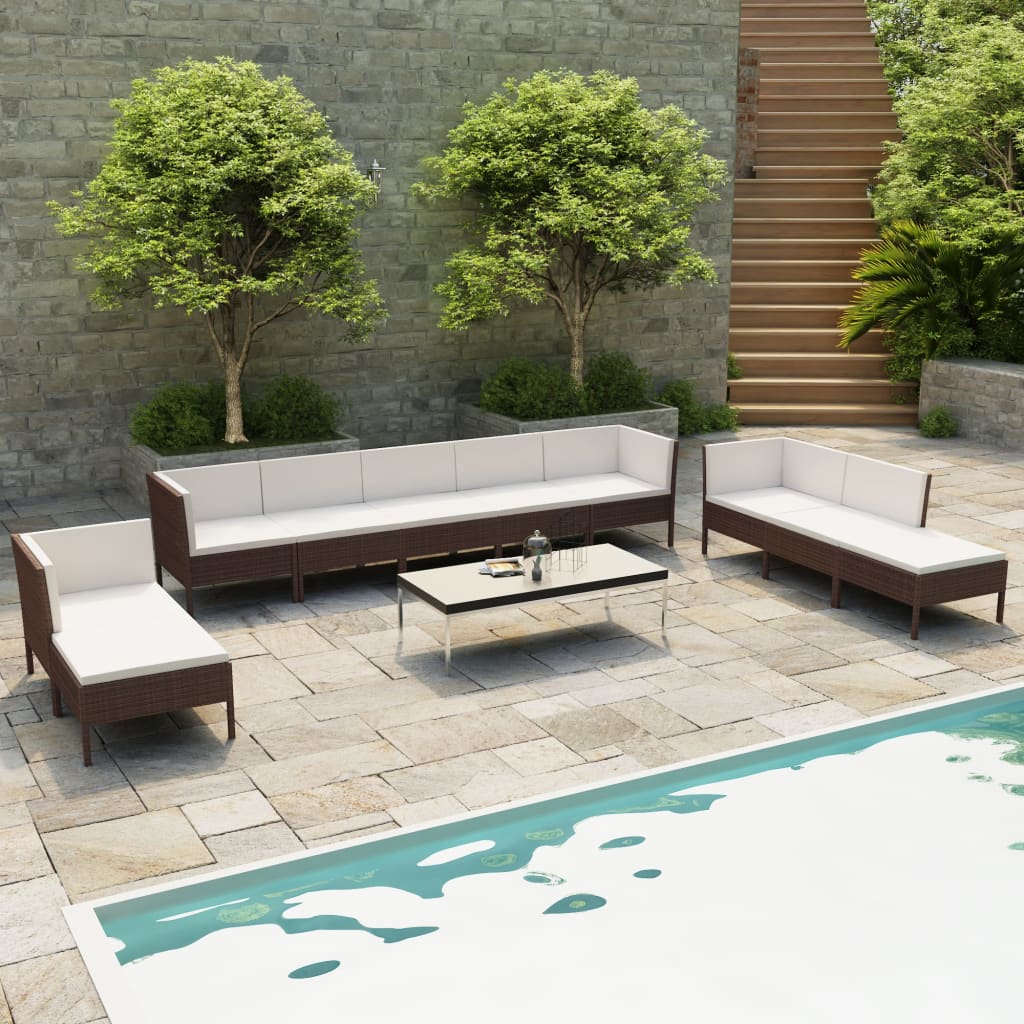 vidaXL 10 Piece Patio Lounge Set with Cushions Poly Rattan Brown