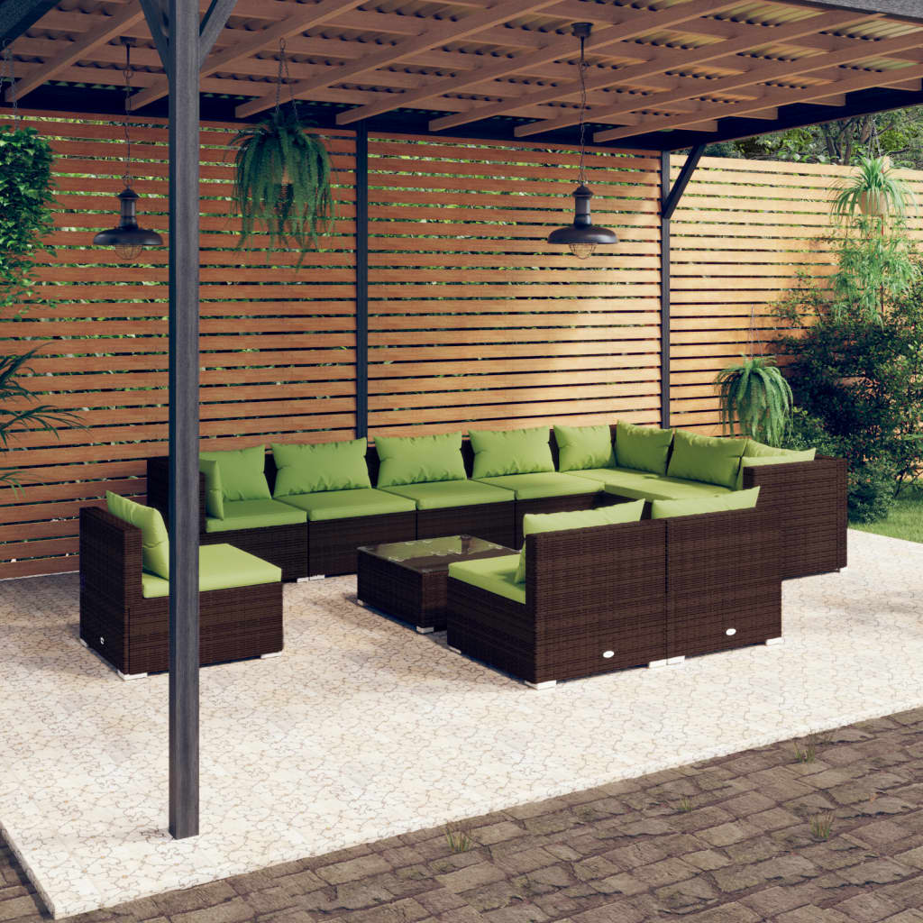 vidaXL 11 Piece Patio Lounge Set with Cushions Poly Rattan Brown