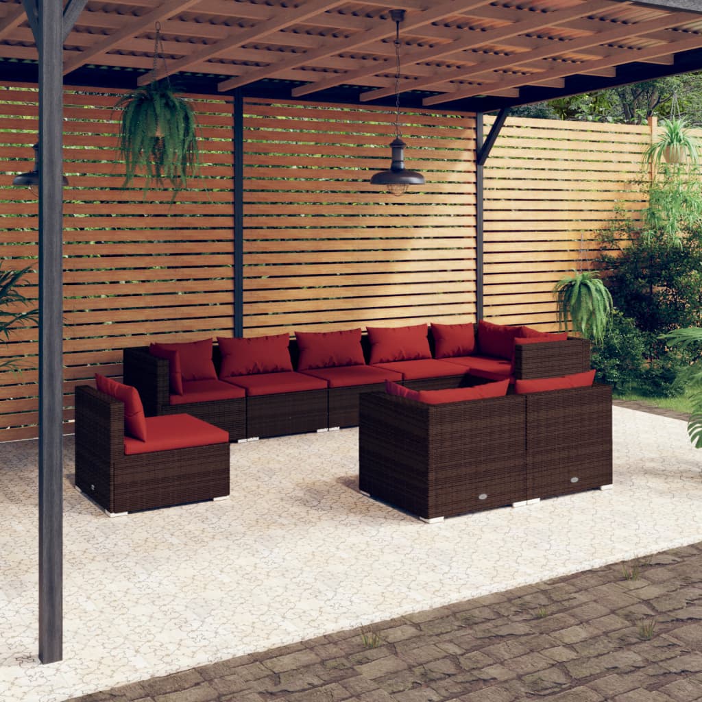 vidaXL 9 Piece Patio Lounge Set with Cushions Poly Rattan Brown