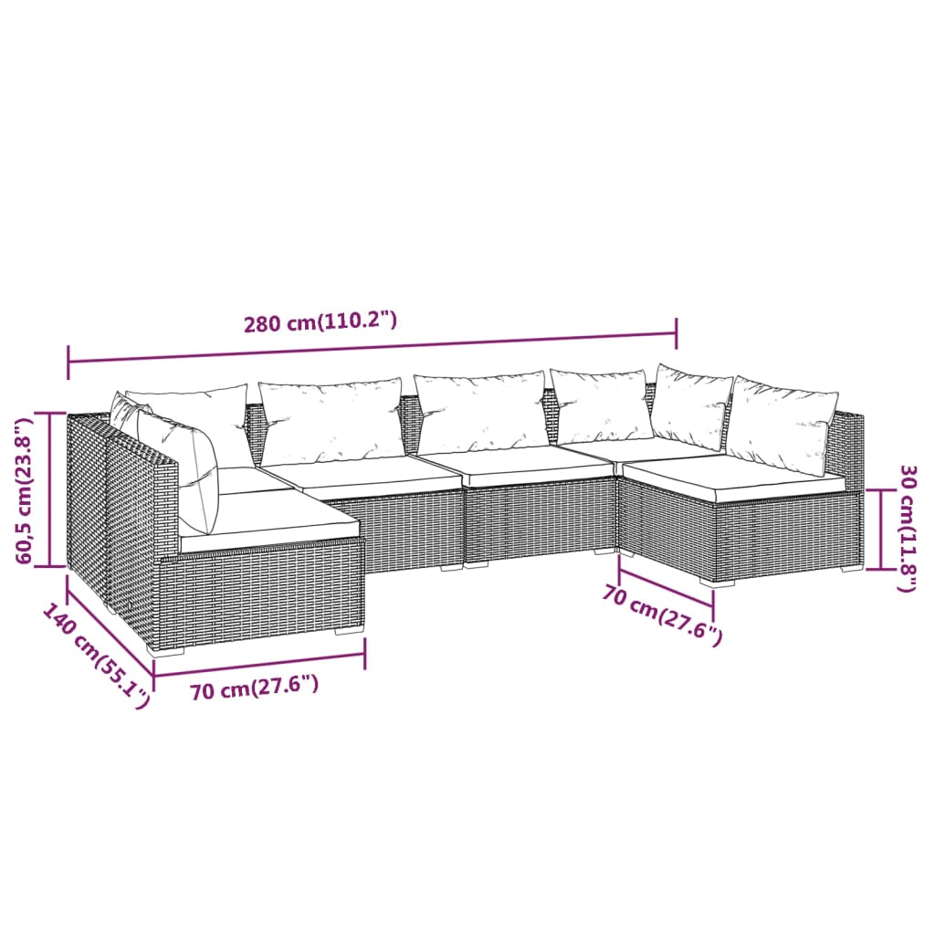 vidaXL 6 Piece Patio Lounge Set with Cushions Poly Rattan Brown