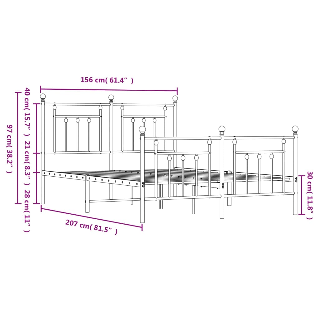 vidaXL Metal Bed Frame with Headboard and Footboard White 59.1"x78.7"