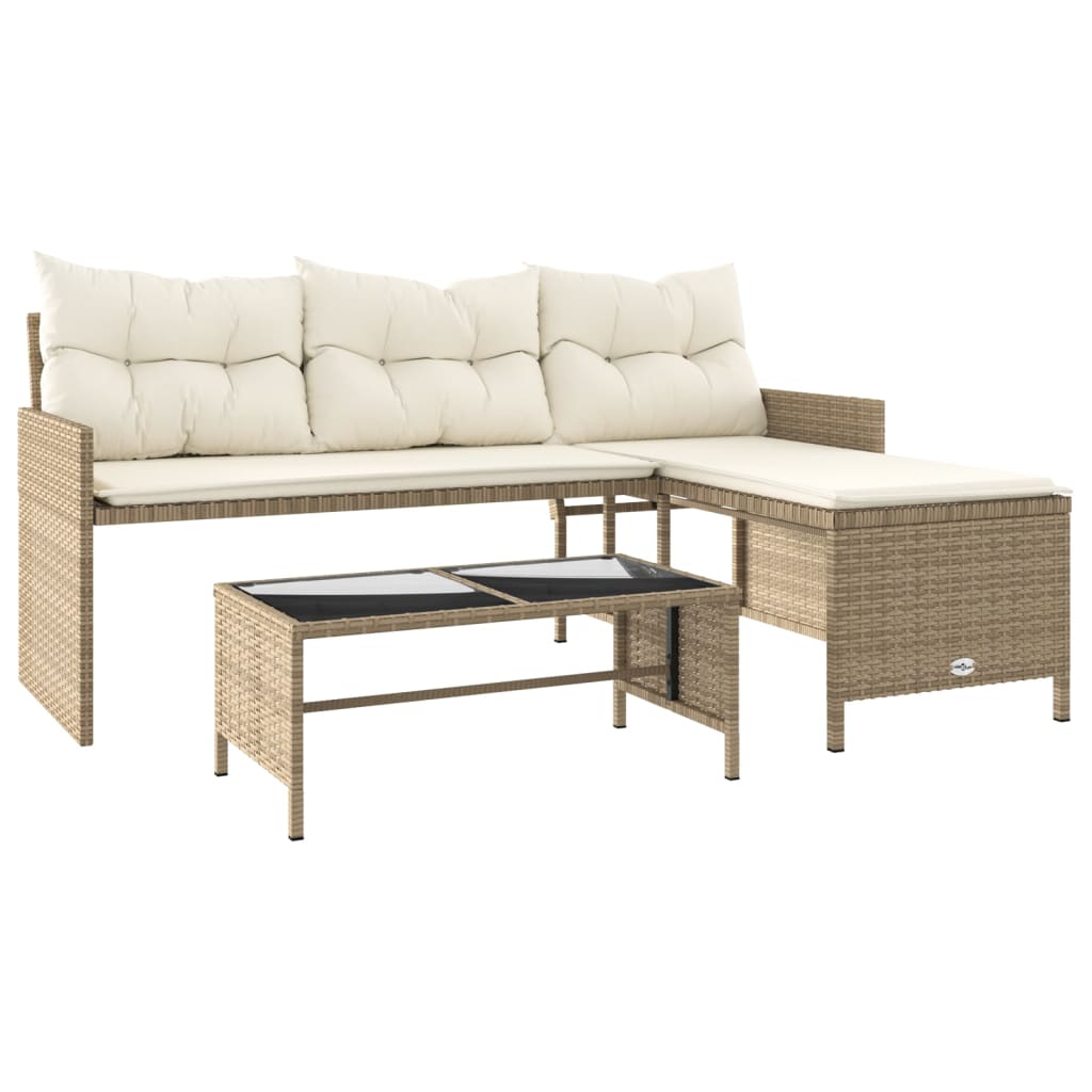 vidaXL Patio Sofa with Table and Cushions L-Shaped Beige Poly Rattan