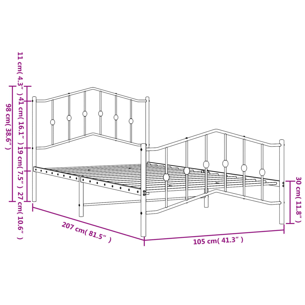 vidaXL Metal Bed Frame without Mattress with Footboard White 39.4"x78.7"