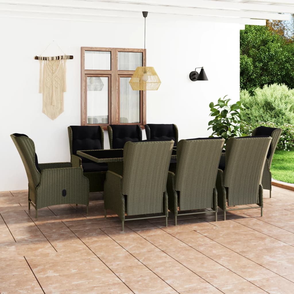 vidaXL 9 Piece Patio Dining Set with Cushions Poly Rattan Brown