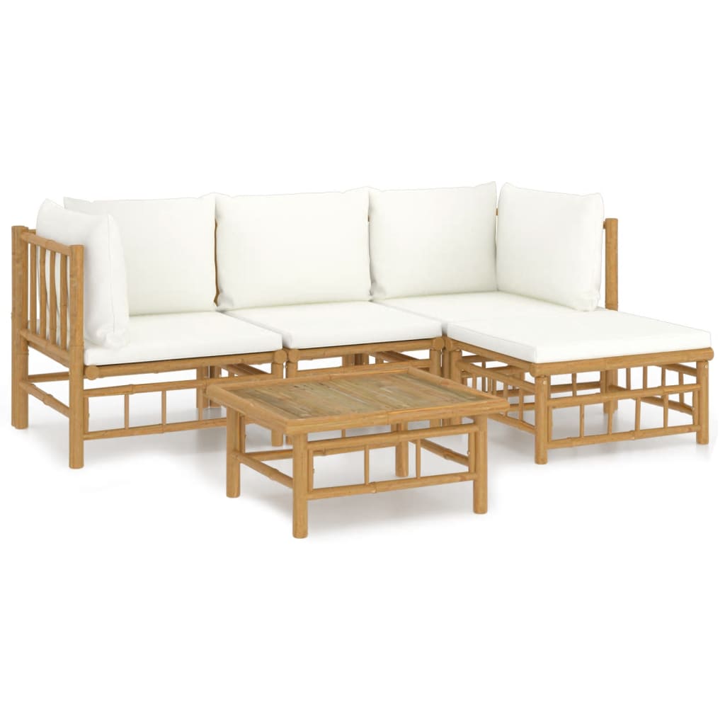 vidaXL 5 Piece Patio Lounge Set with Cream White Cushions Bamboo