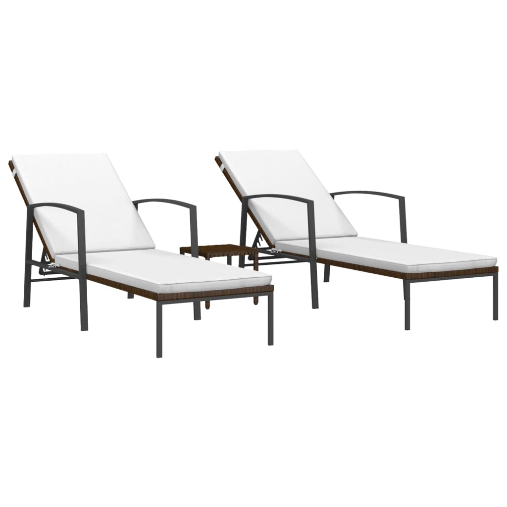 vidaXL Sun Loungers 2 pcs with Table Poly Rattan Brown