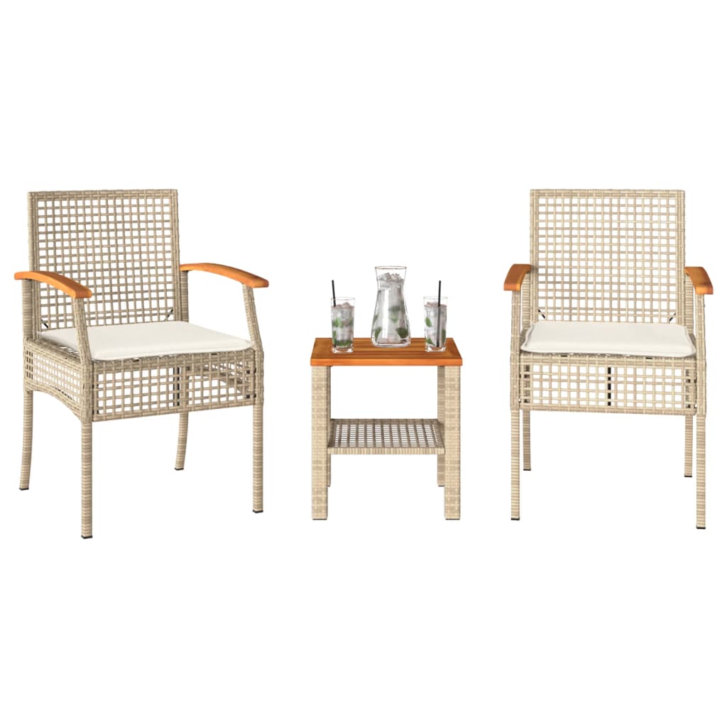 vidaXL 3 Piece Bistro Set with Cushions Beige Poly Rattan Acacia Wood