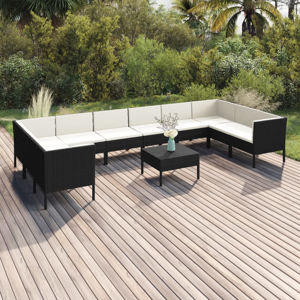 vidaXL 11 Piece Patio Lounge Set with Cushions Poly Rattan Black