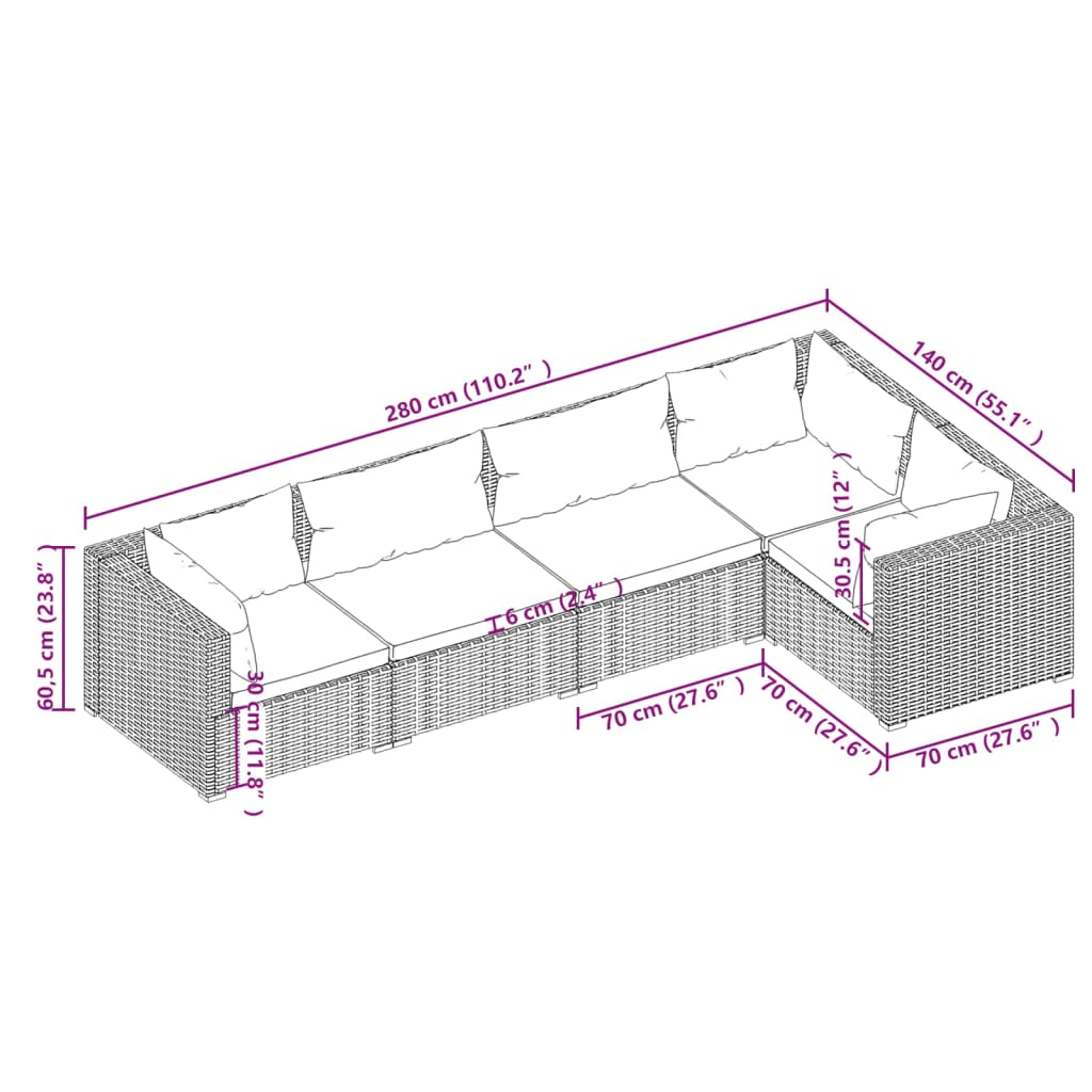 vidaXL 5 Piece Patio Lounge Set with Cushions Poly Rattan Brown