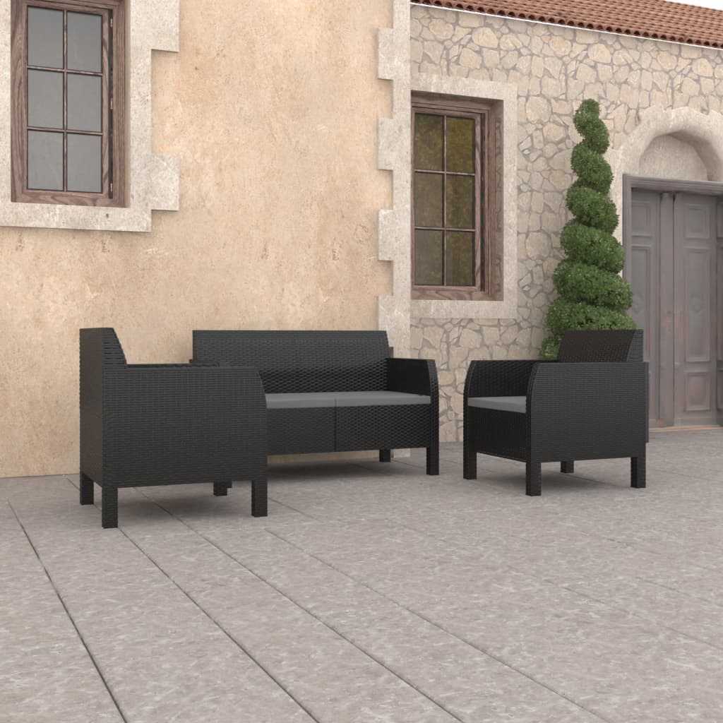 vidaXL 3 Piece Patio Lounge Set with Cushions PP Rattan Anthracite