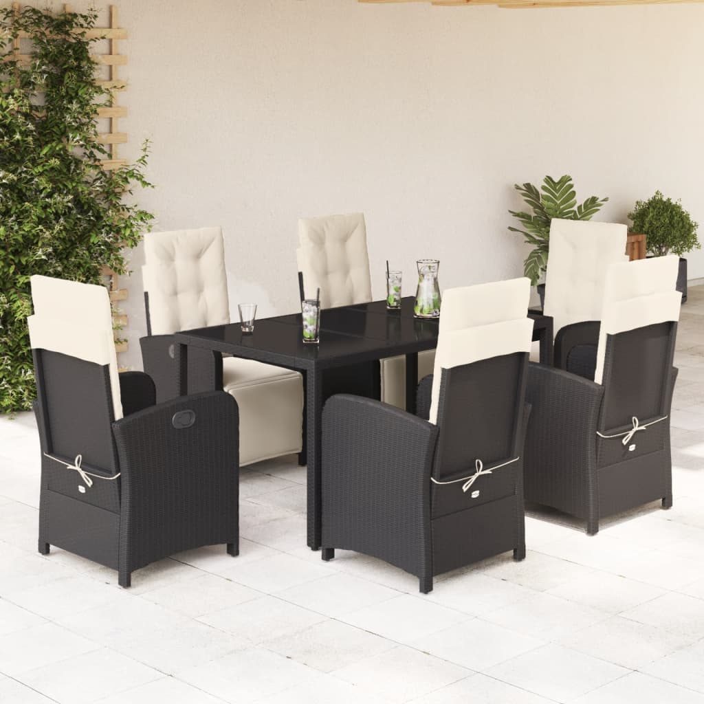 vidaXL 7 Piece Patio Dining Set with Cushions Black Poly Rattan