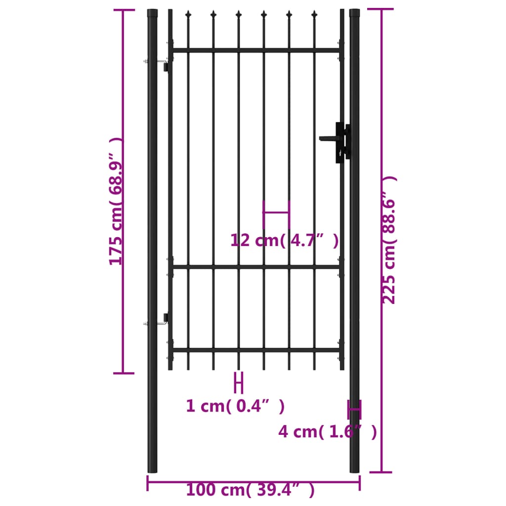 vidaXL Fence Gate Single Door with Spike Top Steel 3.3'x5.7' Black