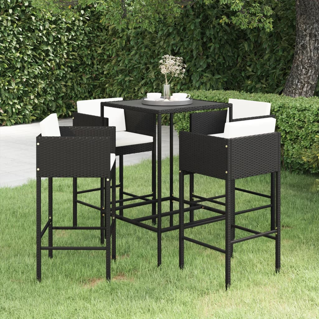 vidaXL 5 Piece Patio Bar Set with Cushions Poly Rattan Black