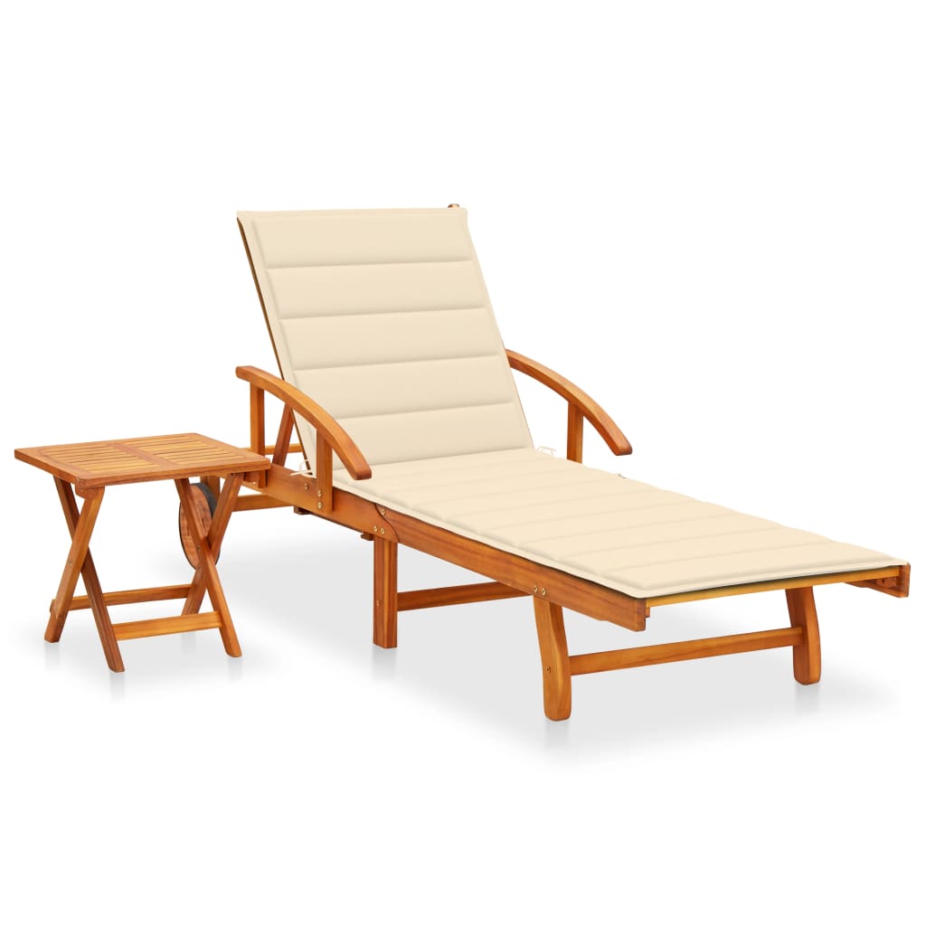 vidaXL Patio Sun Lounger with Table and Cushion Solid Acacia Wood