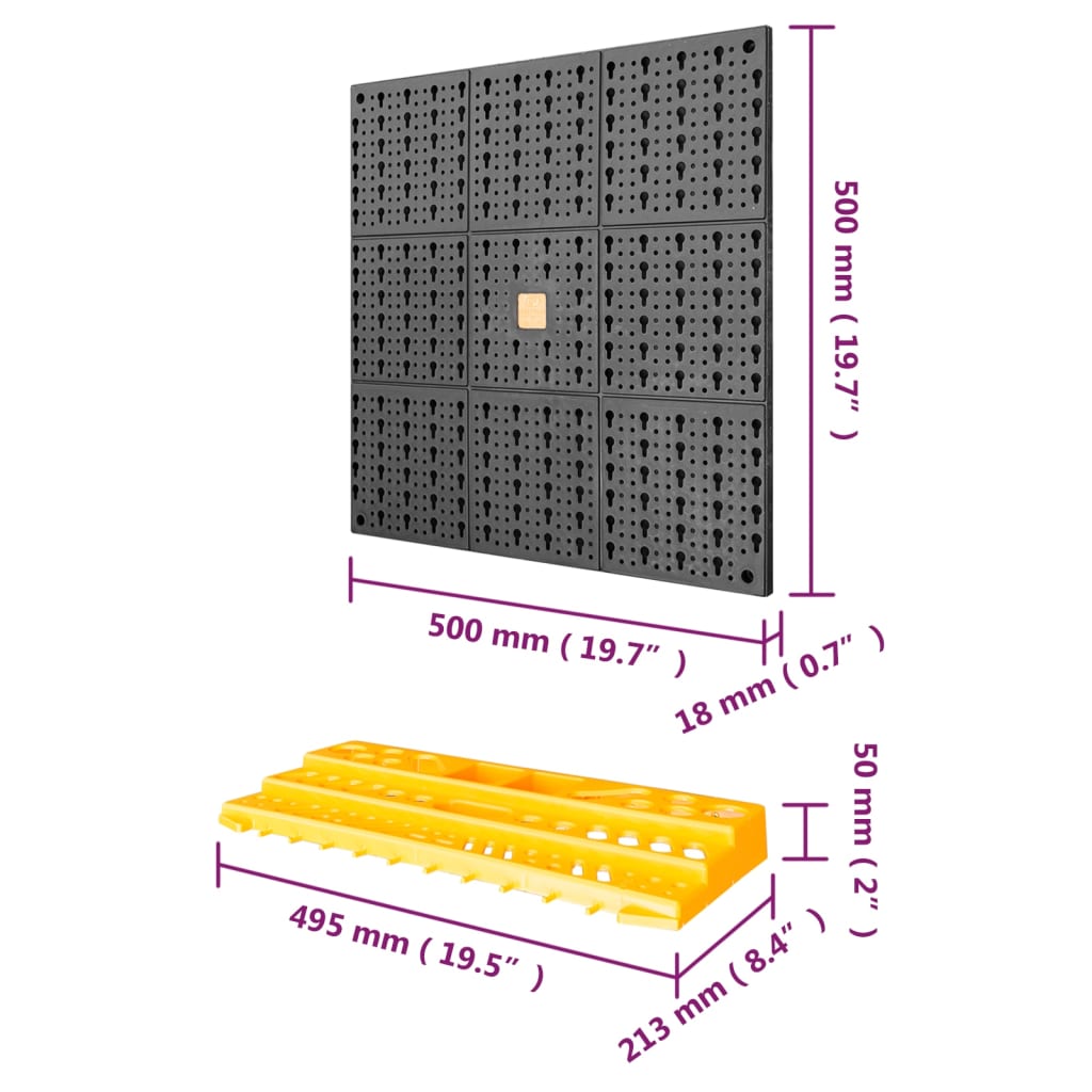 vidaXL Tool Wall 19.7"x39.4" 50 Hooks PP