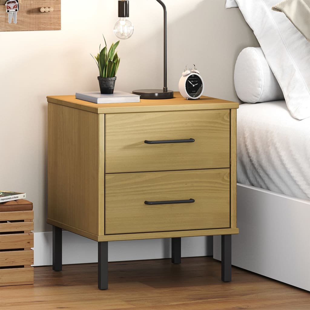 vidaXL Bedside Cabinet with Metal Legs Brown Solid Wood Pine OSLO