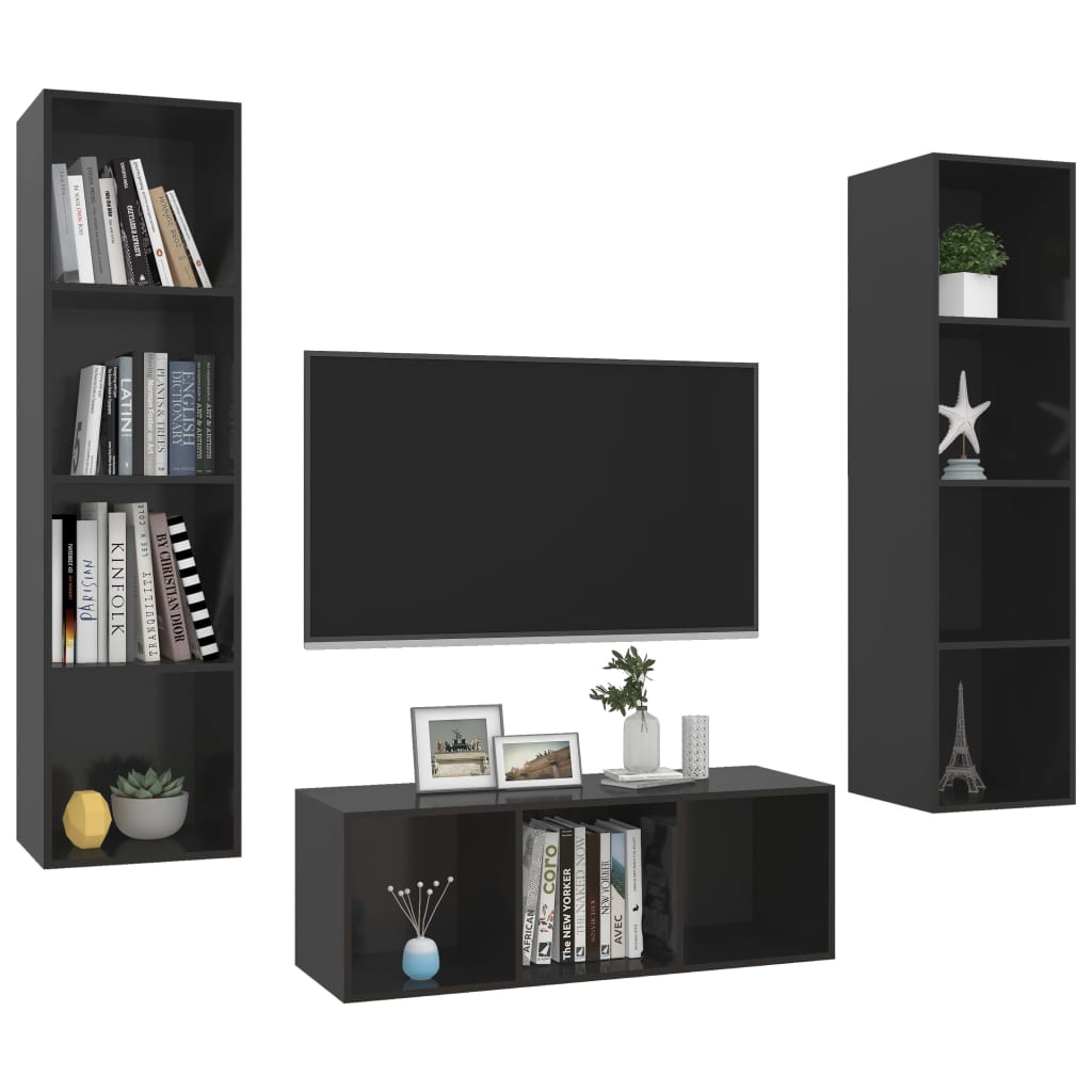 vidaXL 3 Piece TV Stand Set High Gloss Black Engineered Wood