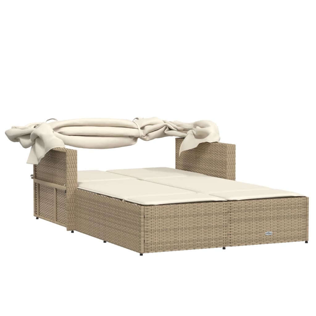 vidaXL Double Sun Lounger with Canopy and Cushions Beige Poly Rattan