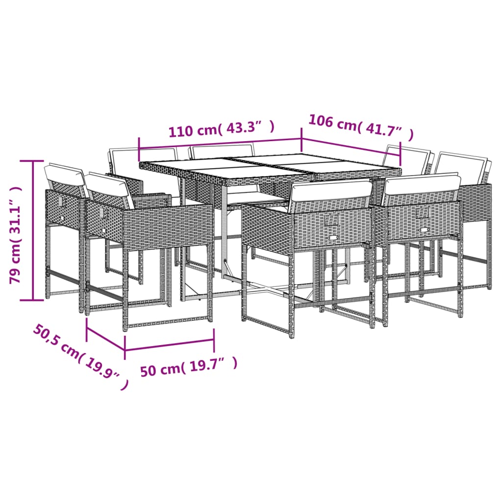 vidaXL 9 Piece Patio Dining Set with Cushions Black Poly Rattan