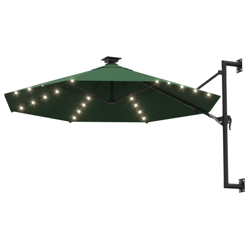 vidaXL Wall-mounted Garden Parasol with LEDs and Metal Pole 118.1" Green