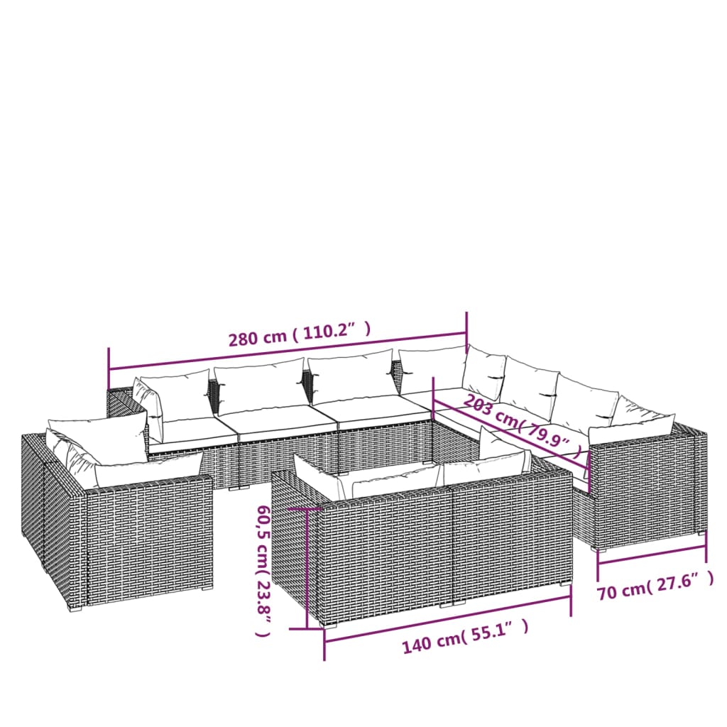 vidaXL 11 Piece Patio Lounge Set with Cushions Black Poly Rattan