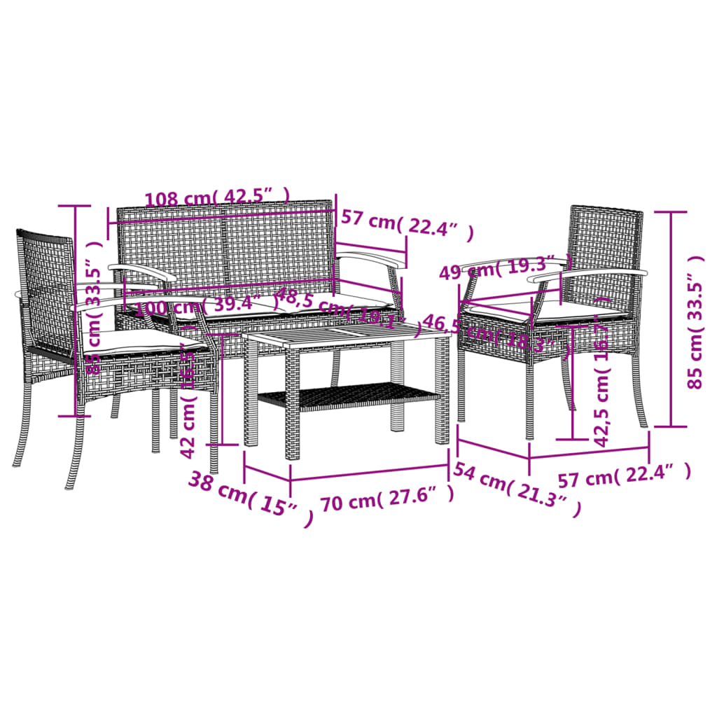 vidaXL 4 Piece Patio Lounge Set with Cushions Gray Poly Rattan