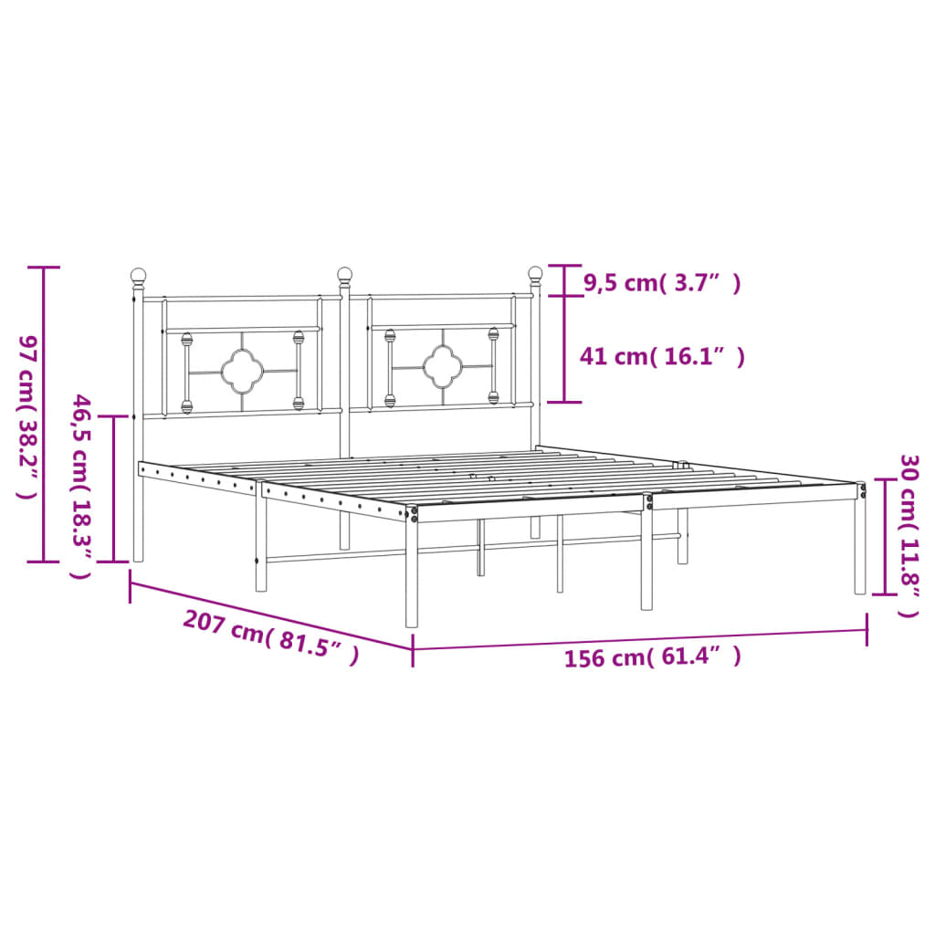 vidaXL Metal Bed Frame without Mattress with Headboard Black 59.1"x78.7"