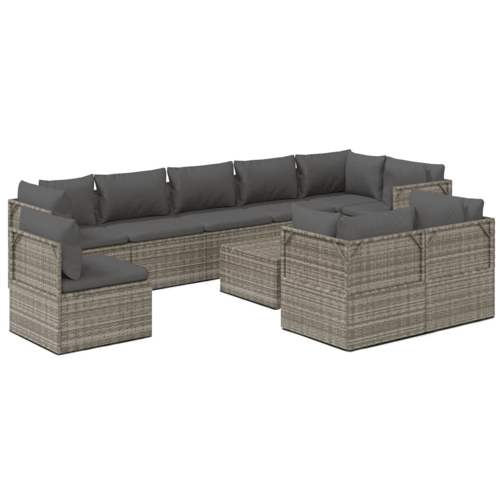 vidaXL 10 Piece Patio Lounge Set with Cushions Gray Poly Rattan