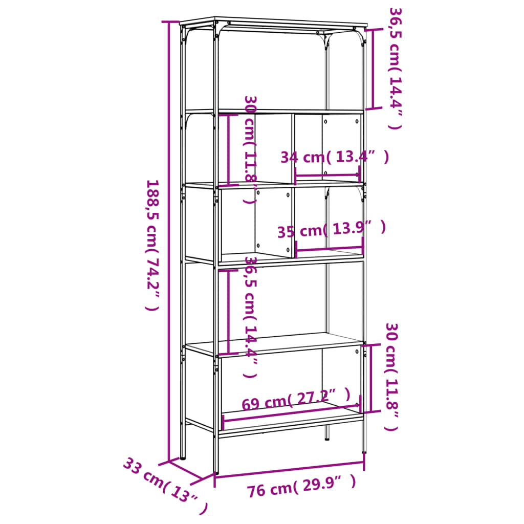 vidaXL Bookcase 5-Tier Smoked Oak 29.9"x13"x74.2" Engineered Wood