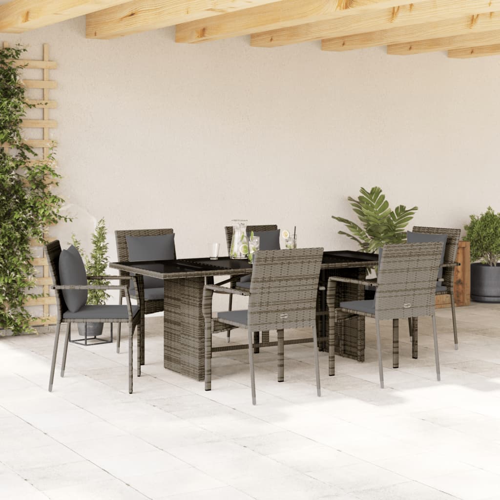 vidaXL 7 Piece Patio Dining Set with Cushions Gray Poly Rattan