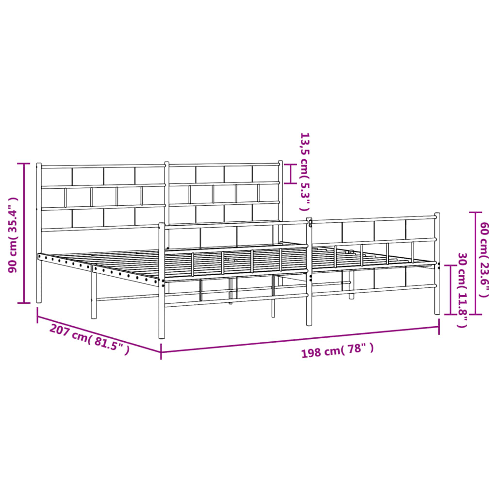 vidaXL Metal Bed Frame without Mattress with Footboard Black 76"x79.9"