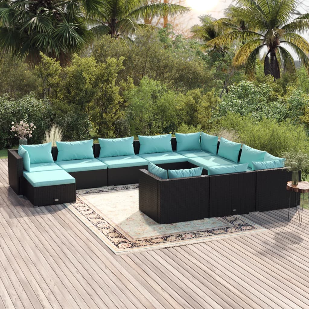 vidaXL 11 Piece Patio Lounge Set with Cushions Poly Rattan Black