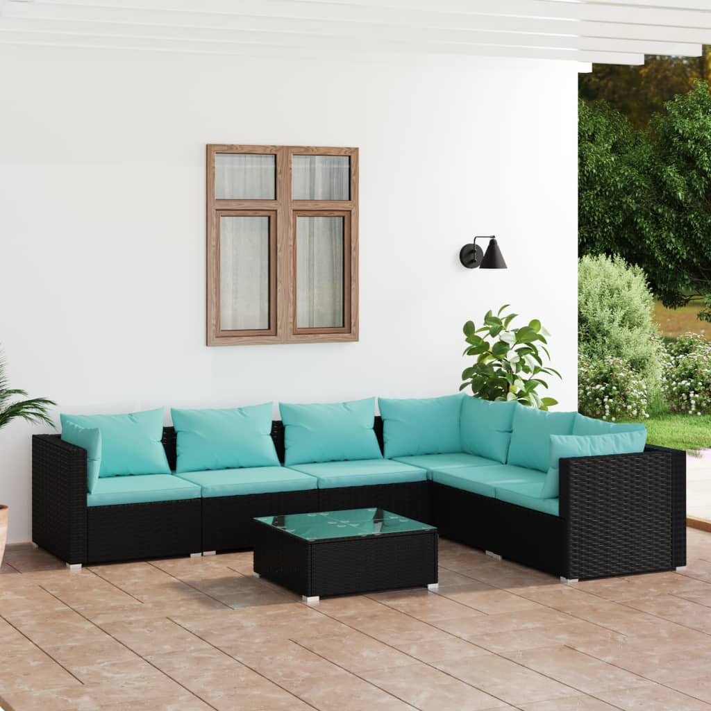 vidaXL 7 Piece Patio Lounge Set with Cushions Poly Rattan Black