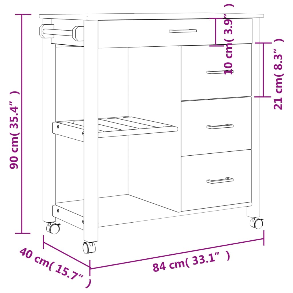 vidaXL Kitchen Trolley MONZA 33.1"x15.7"x35.4" Solid Wood Pine