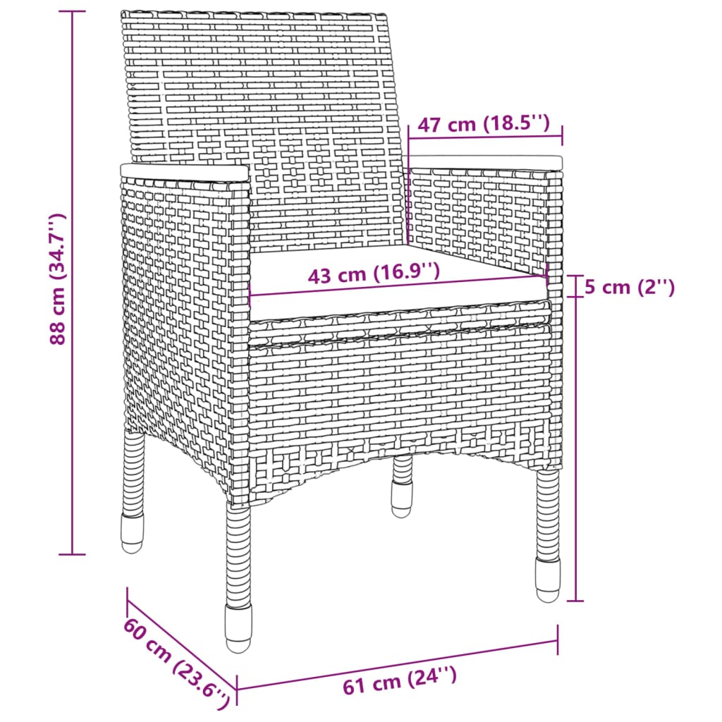 vidaXL 3 Piece Patio Dining Set with Cushions Poly Rattan and Glass