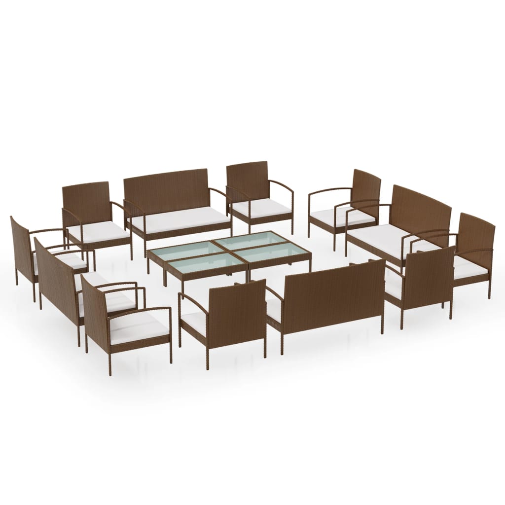 vidaXL 16 Piece Patio Lounge Set with Cushions Poly Rattan Brown