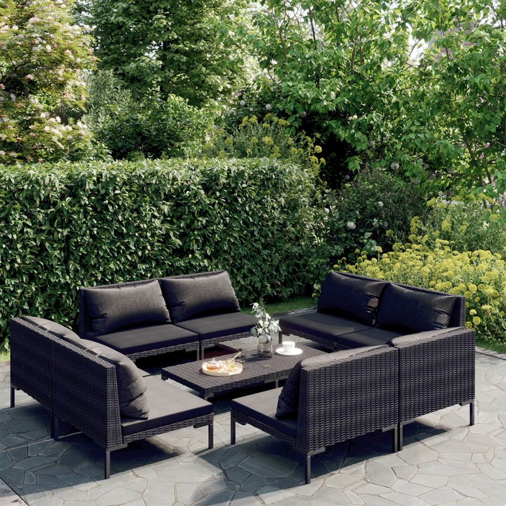 vidaXL 9 Piece Patio Lounge Set with Cushions Poly Rattan Dark Gray