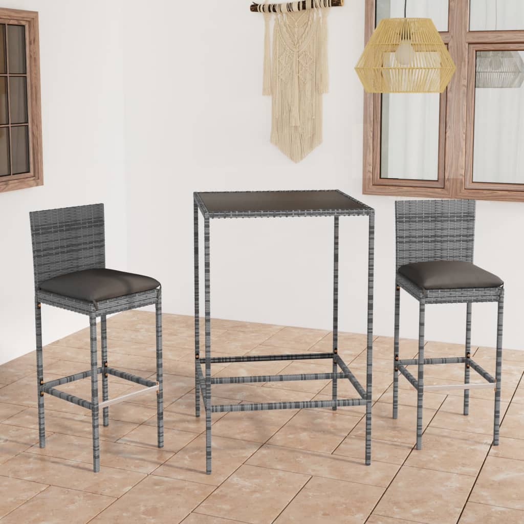 vidaXL 3 Piece Patio Bar Set with Cushions Poly Rattan Gray